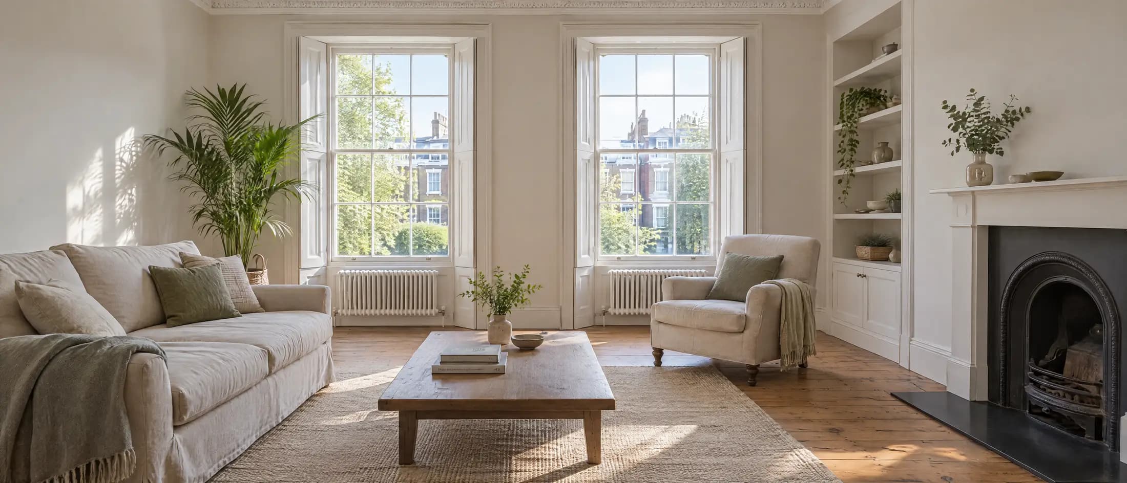A bright first floor sitting room in a period north west London flat, with tall sash windows and a fireplace